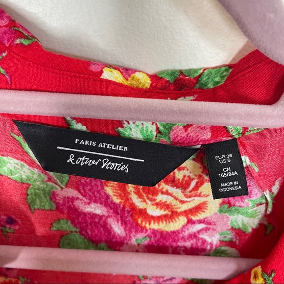 & OTHER STORIES Pleated Long Sleeve Shirt Dress Floral Red - Picture 8 of 9